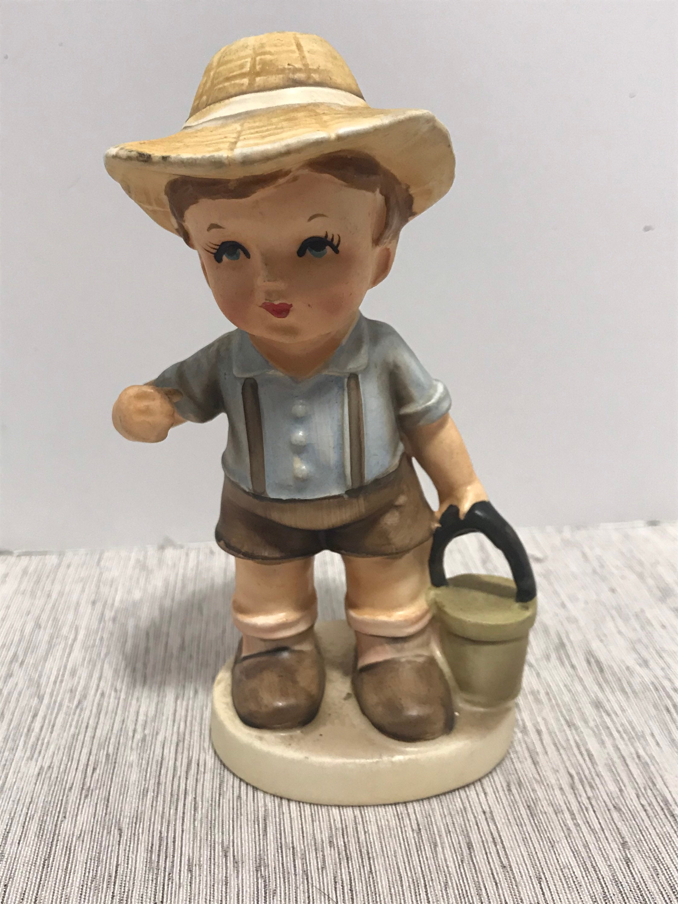 Vintage Porcelain figurine Boy Fishing tackle box 1981 3.5” tall Granny Core