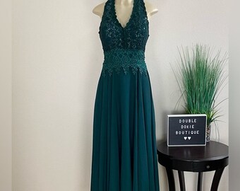 DOLLAR USA | Vintage Hunter Green V Neck Halter Dress Sz S