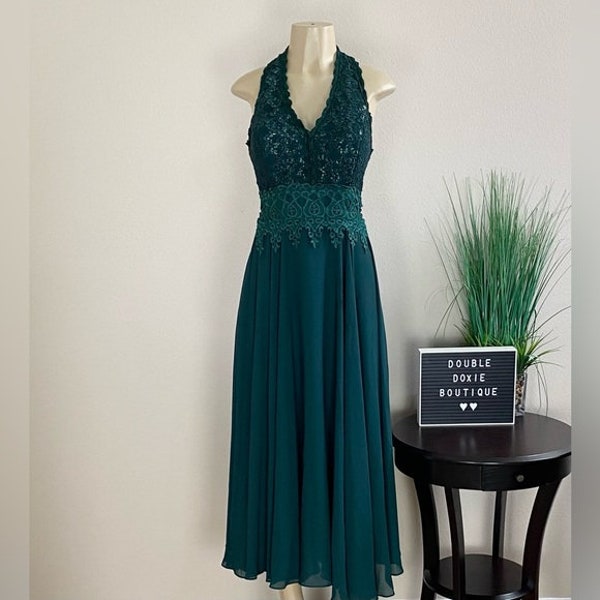 DOLLAR USA | Vintage Hunter Green V Neck Halter Dress Sz S