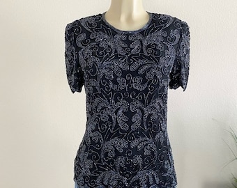 PAPELL BOUTIQUE | Vintage Black Silk Beaded Blouse Sz S