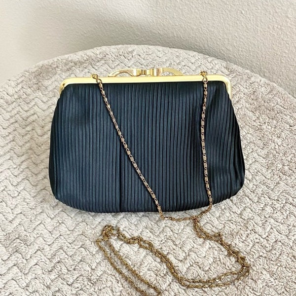 UNBRANDED | Vintage Black Satin Pleated Evening Bag