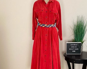 LIZ CLAIBORNE | Vintage Red Corduroy Pocket Shirt Dress Sz 12