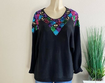 DIVERSITY PETITE | Vintage Black Multi Color Sequin Sweater Sz L
