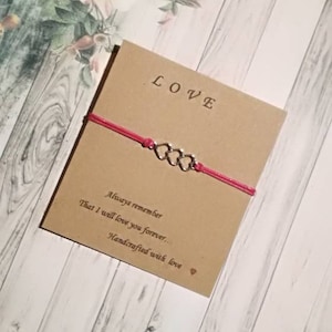 Wish Bracelet three Hearts, Friends Forever, Tibétain, Infinity, Charm and Message Card, Friendship, Brithday, Gift, Unisex Handmade