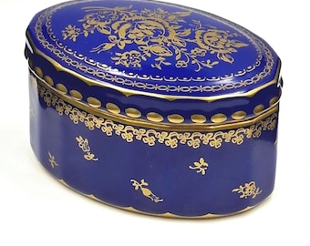 Langenthal Echt Cobalt lidded Jewelry Box Bonbonniere for sweets Porcelain Switzerland 1960s Golden Painting Swiss quality