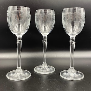 Vintage Set 3pic Festive Engraved Bohemian Crystal Liquor Glasses &quot;Moser&quot; Czechoslovakia 1950s 15.5cm 6.1inch