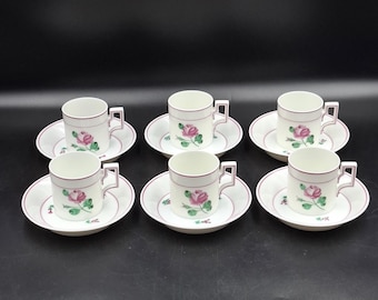 Rare Augarten Vienna Porcelain 6 Demitasse Cups & Saucers Set "Rosarien" Pink Rose Austrian Fine China