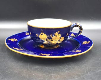 Vintage Cobalt Pair Tea Cup Saucer Porcelain Langenthal Switzerland 1949 Golden painting