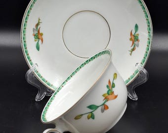 Vintage KPM Tea Coffee Cup & Saucer: 1920s Green Painted Bone China