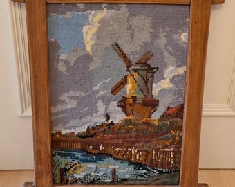 Vintage Cross stitch Painting The Old Windmill Needlepoint Art Wooden frame 1970s Holland