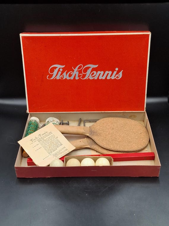 Rare Vintage 1940s Swiss Tisch-Tennis Set - Complete with Cork Paddles & Original Red Box
