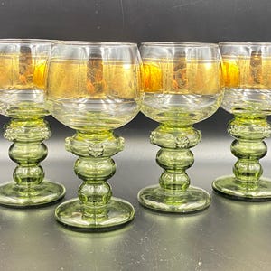 Vintage Set 4pic Römer Glasses green mouth-blown with Gold Plated Decorations Germany 1950s 13.5cm 5.3 inch