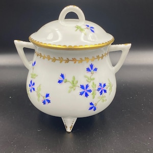Vintage Limoges France Bonboniere Sugar bowl on three legs Hand painted gold border 1974 Cornflowers 11.5cm 4.5inch