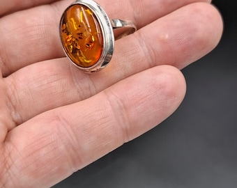 Vintage Amber Silver 925 Ring Baltic Amber USSR size 17.5cm 1980s two stamps
