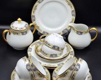 Antique Limoges Set RAYNAUD 17piec Porcelain Сup Saucer France 1910s Floral Gold Trim Tea Сup Saucer milk jug and sugar bowl