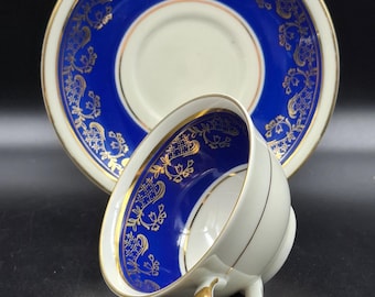 Pair Hertel Jacob Vintage Coffee Tea Сups Saucers Germany 1950s Kobalt Gold blue porcelain