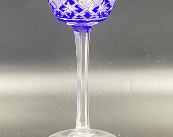 Antique Crystal Glass liqueur bleu cobalt Saint Louis Massenet France 1900s pattern stars and snowflakes 12.2cm 4.8inch Excellent