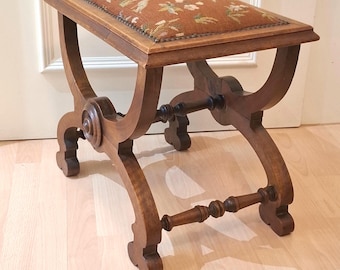 Antique 1890 Renaissance Revival Curule Stool - Hand-Stitched Tapestry X-Frame Vanity Bench