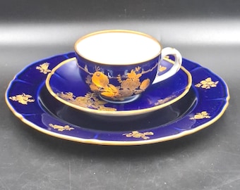 Vintage Trio Cobalt Langenthal Coffee Cup Saucer Desert Plate Fine Porcelain, rich Golden painting in floral bouquets, Switzerland 1960s