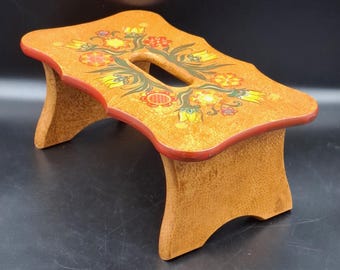 Vintage Hand-Painted Wooden Footstool | Folk Art Nasturtium Floral Bench | 1970s Boho Cottagecore Decor