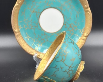 Vintage Jlmenau Pair Cobalt Green Coffee Cups and Saucer. Germany, 1950s