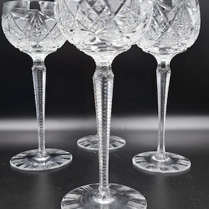 Vintage Set 5piec CLEAR BRILLIANT CUT Wine Goblet Hock 24% Lead Crystal Lusatian Lausitzer Germany 1980 Pinwheel Spinner Star Exellent!