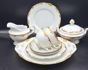 Antique 1890s Haas & Czjzek Schlaggenwald Porcelain Tea Set, 24k Gold Gilt Rococo Style, 9 Pieces including Large Platter, Czech Republic