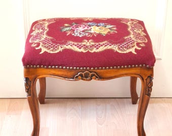 Vintage French Provincial Needlepoint Footstool - Ornate Carved Cabriole Legs - Romantic Floral Tapestry Vanity Stool