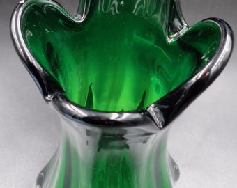 ヴィンテージ ムラーノガラス グリーン花瓶 イタリア 1960年代 吹き