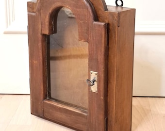 Antique 1890 Arched Wooden Curio Cabinet - Wall Mounted Display Case Working Key