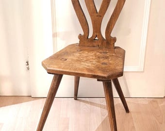 Dated 1826 Antique Alpine Stabelle Chair, Hand Carved Heart Backrest Folk Art Furniture, Heirloom Walnut Folk Art Museum Quality Brettstuhl