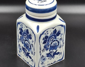 Vintage Delft Blue Porcelain Jar with Lid - Hand Painted Floral Kitchen Decor
