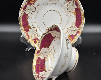 Antique 1870s Davenport Longport Staffordshire Teacup and Saucer Magenta Gold Pattern 1386 England 1870s Fine Bone China