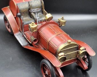 Vintage Handcrafted Metal Model Car - Antique Style Red Raceabout - Tinplate Collectible Decor Industrial Home Decor Man Cave Accessory 45cm