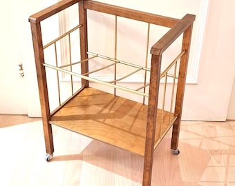 Vintage Mid-Century Modern Rolling Record Player Stand & Bar Cart – Brass and Wood – BAUHAUS 1960s