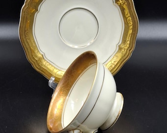 Pair Rosenthal Chippendale Vintage Coffee Tea Сups Saucers Germany 1930s Gold Curly wavy edges