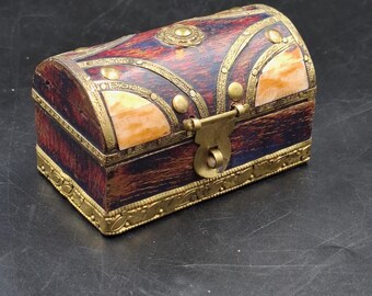 Vintage Miniature Trinket Box, Handcrafted Indian Dowry Chest, Brass and Bovine Bone Inlay Wooden Jewelry Box, Boho Decor Gift