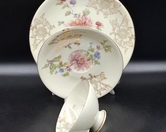 Juego de té de porcelana Reiné de calidad alemana, estilo vintage, con diseño floral de crisantemos y oro.