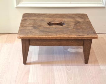 Antique 1920s Solid Oak Footstool - Early 20th Century Primitive Step Stool with Keyhole Handle
