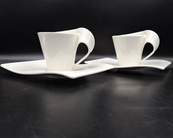 Set 2 par New Wave Villeroy & Boch Tyskland Kaffe Cappuccinokoppar och fat Premium Porslin Excellent