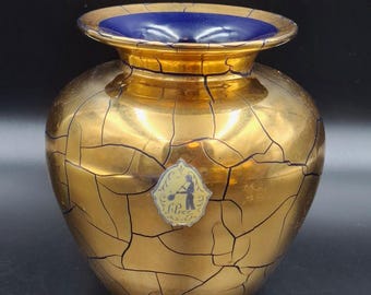 Vintage Vetropack schweizisk vas: Blått glas med guld emalj, Saint-Prex, Schweiz 1930-talet Sällsynt