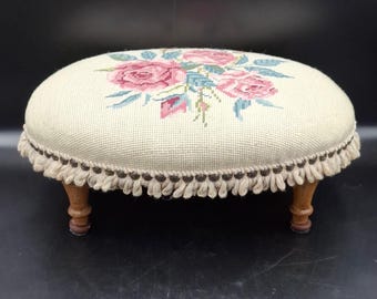 Vintage Floral Gobelin Fußhocker Oval Rose Wandteppich Holz Cricket Hocker