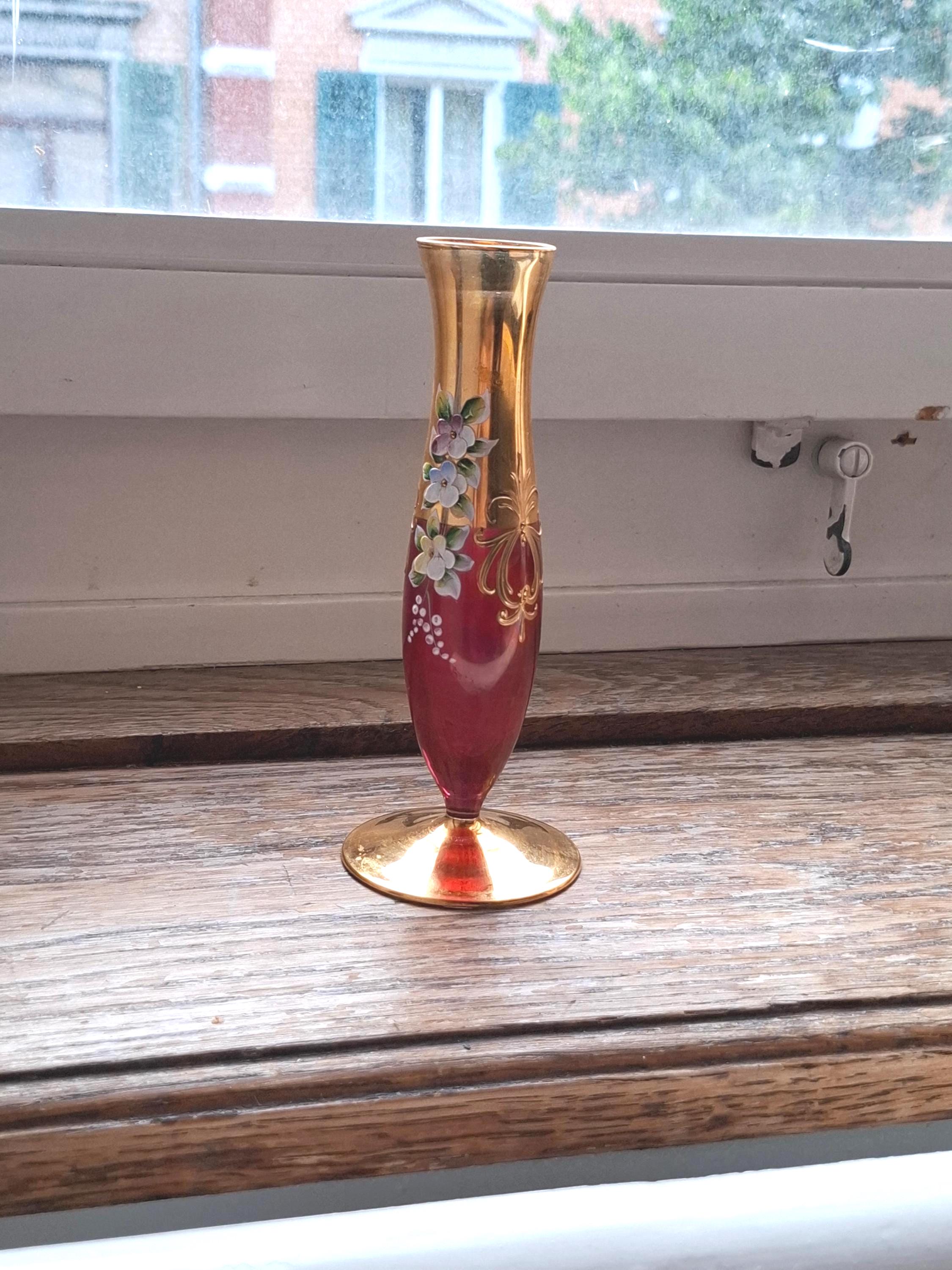 ヴィンテージ ボヘミア 花瓶 ガラス 手描き 金彩 チェコスロバキア