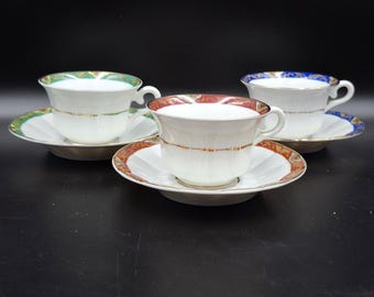 Vintage 3 par Langenthal porslin tekopp och fat Schweiz 1930-talet schweizisk kvalitet räfflat porslin tolv- och sextonsidig design
