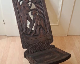 Vintage African Hand Carved Wooden Palaver Chair Gorilla Crocodile Tribal Art Chair