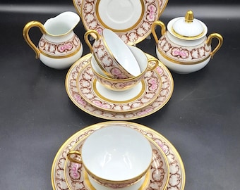 Sällsynt Giraud Limoges Frankrike Porslins Teservis, Rosa Rosor & Guldgitter, 10-delars Delservis, Vintage Franskt Fint Porslin