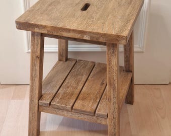 Vintage HASENA Swiss Solid Oak Stool & Side Table | Brutalist Alpine Modern Nightstand