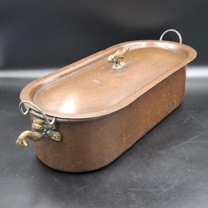 Puede incluir: Una pescadera ovalada de cobre con tapa a juego. La tapa presenta un pequeño asa de latón con forma de pez. Los lados del recipiente incluyen dos asas decorativas de latón con forma de cola de pez y un asa de alambre metálico.