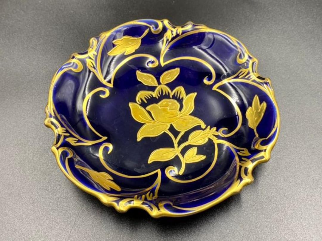 Vintage Porzellan Plate Echt Cobalt – Hand-painted Gold & Floral
