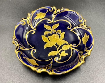 Vintage Porzellan Plate Echt Cobalt – Hand-Painted Gold & Floral Design 1940s Jlmenau Germany
